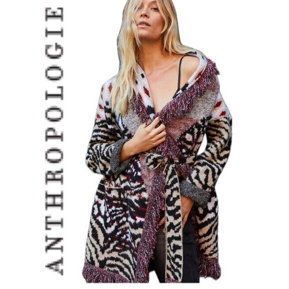 ANTHROPOLOGIE COAT SWEATER FRINGED PENNY LANE ANIMAL PRINT Sz S BOHO AESTHETIC - Picture 1 of 16
